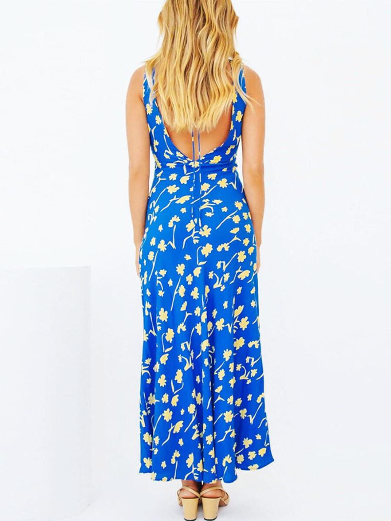 Allover Floral Print Draped Criss Cross Tie Backless Dress