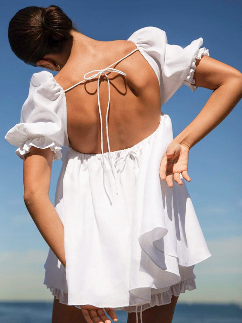 Square Neck Short Sleeves Backless  Blouse