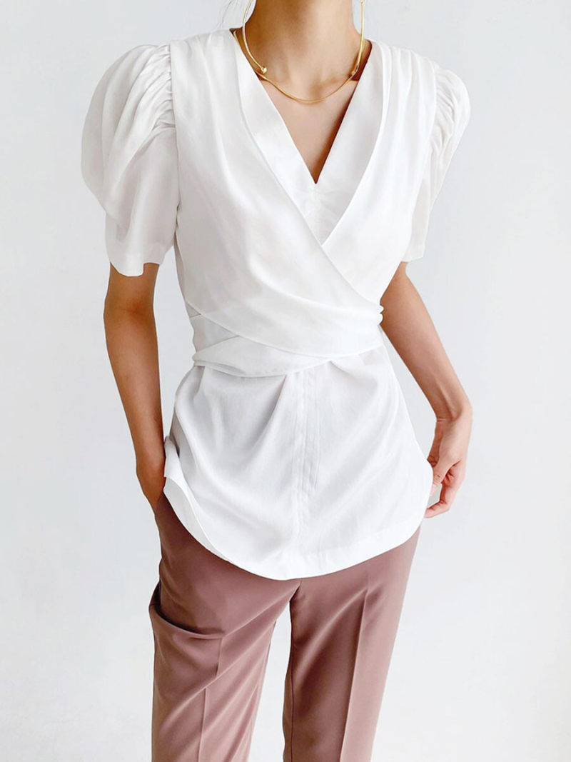 V-neck Short Sleeves Tie Details Blouse