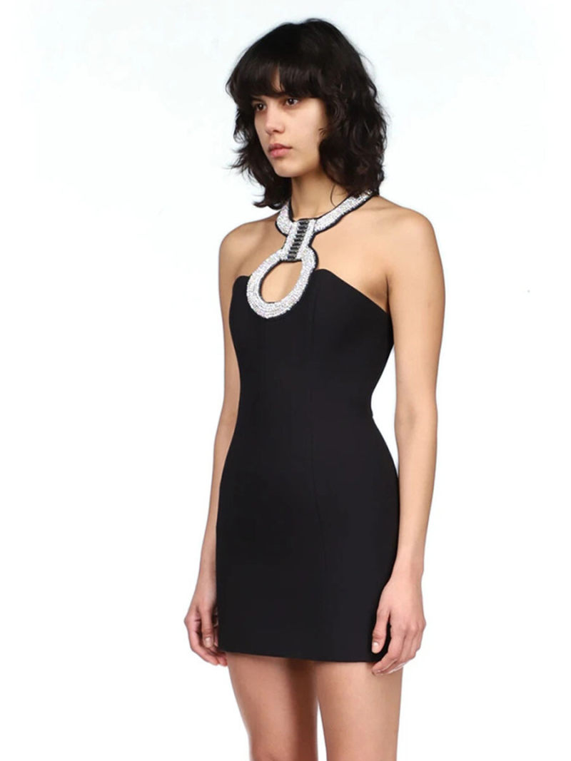 Rhinestone Detail Cut Out Front Bodycon Dress