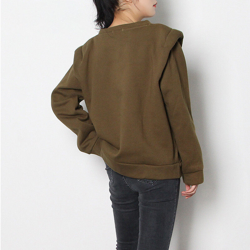 Solid  Long Sleeves   Pad Shoulder   Relaxed Sweat Shirt