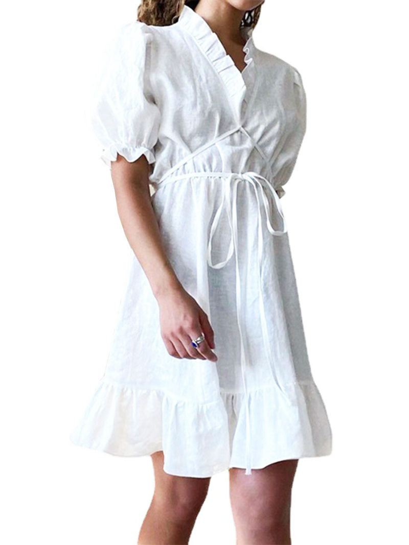 Solid  Mini Dress With Tie On Waist