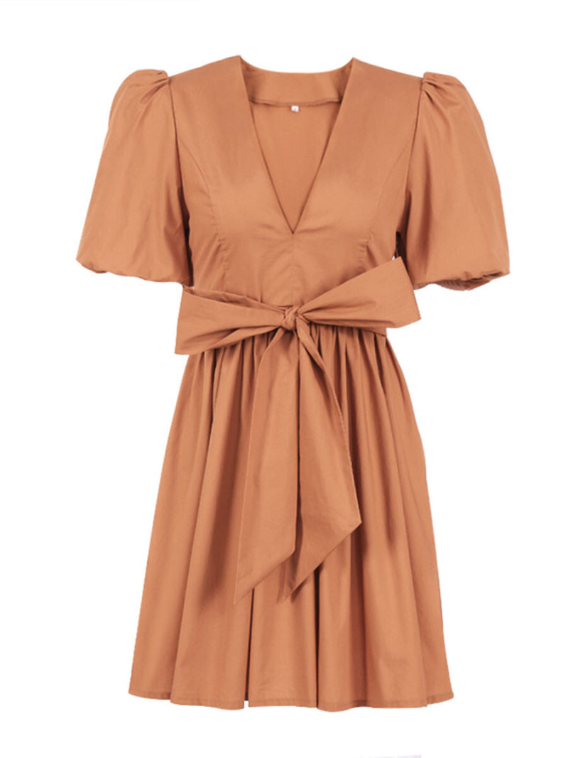 V-Neck  Mini Smoke  Dress  With Bow On Waist