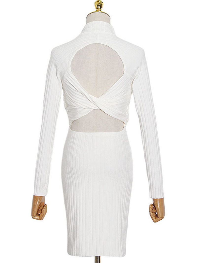 High Neck Cut Out Back Long Sleeves Bodycon Mide Dress