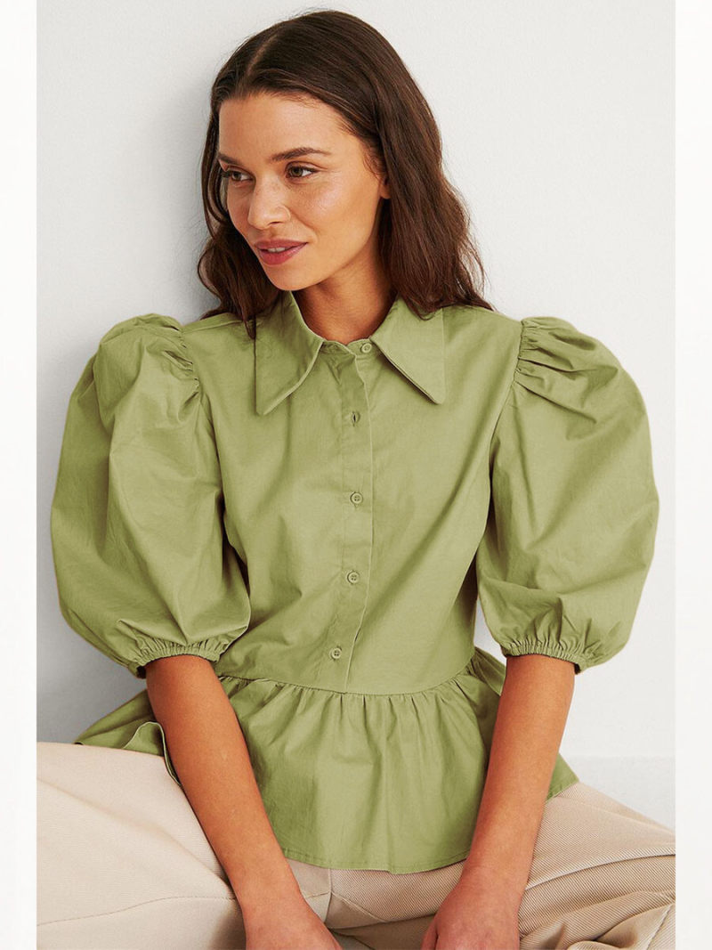 Collar Neck Lantern Short Sleeves Blouse