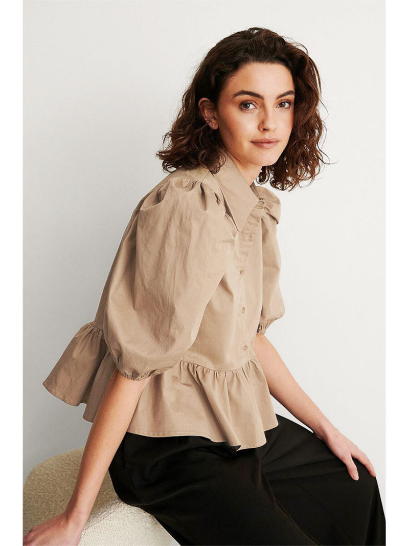Collar Neck Lantern Short Sleeves Blouse
