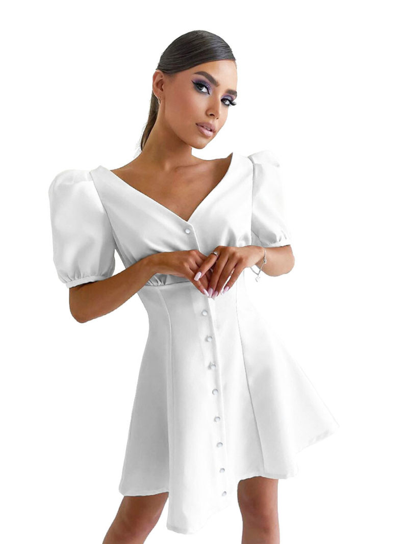 V-neck Button On Front Mini Dress