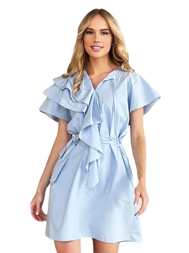 Solid Mide Dress with Frills On Front