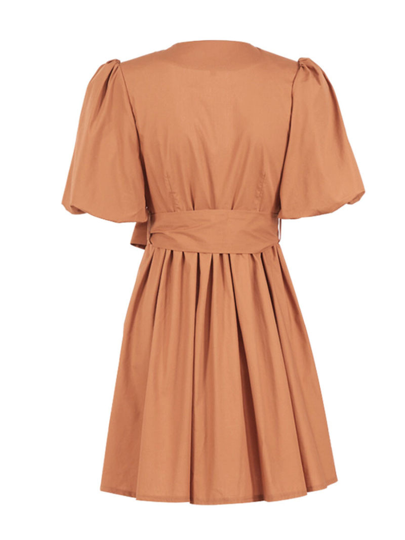 V-Neck  Mini Smoke  Dress  With Bow On Waist