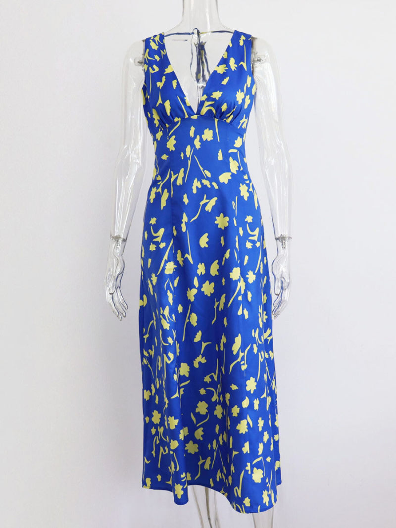 Allover Floral Print Draped Criss Cross Tie Backless Dress