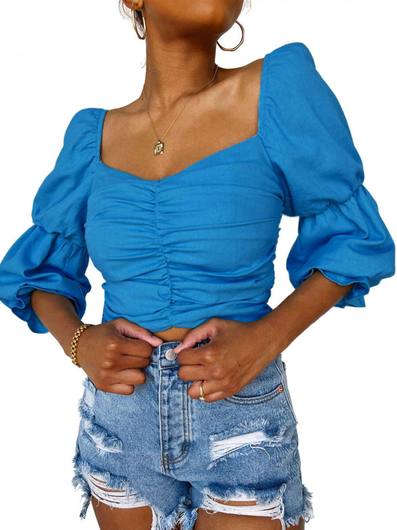 Square Neck  Ruched Body And Lantern Sleeves  Blouse