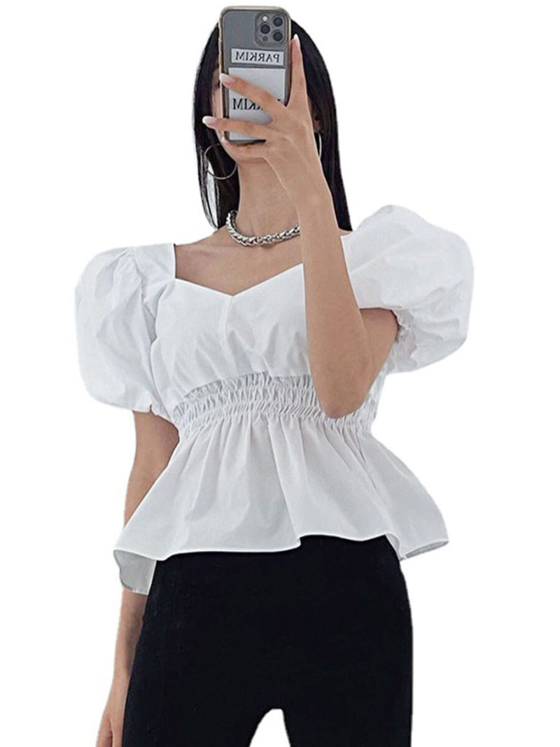 Square Neck Short Sleeves Blouse With Ruched On Waist