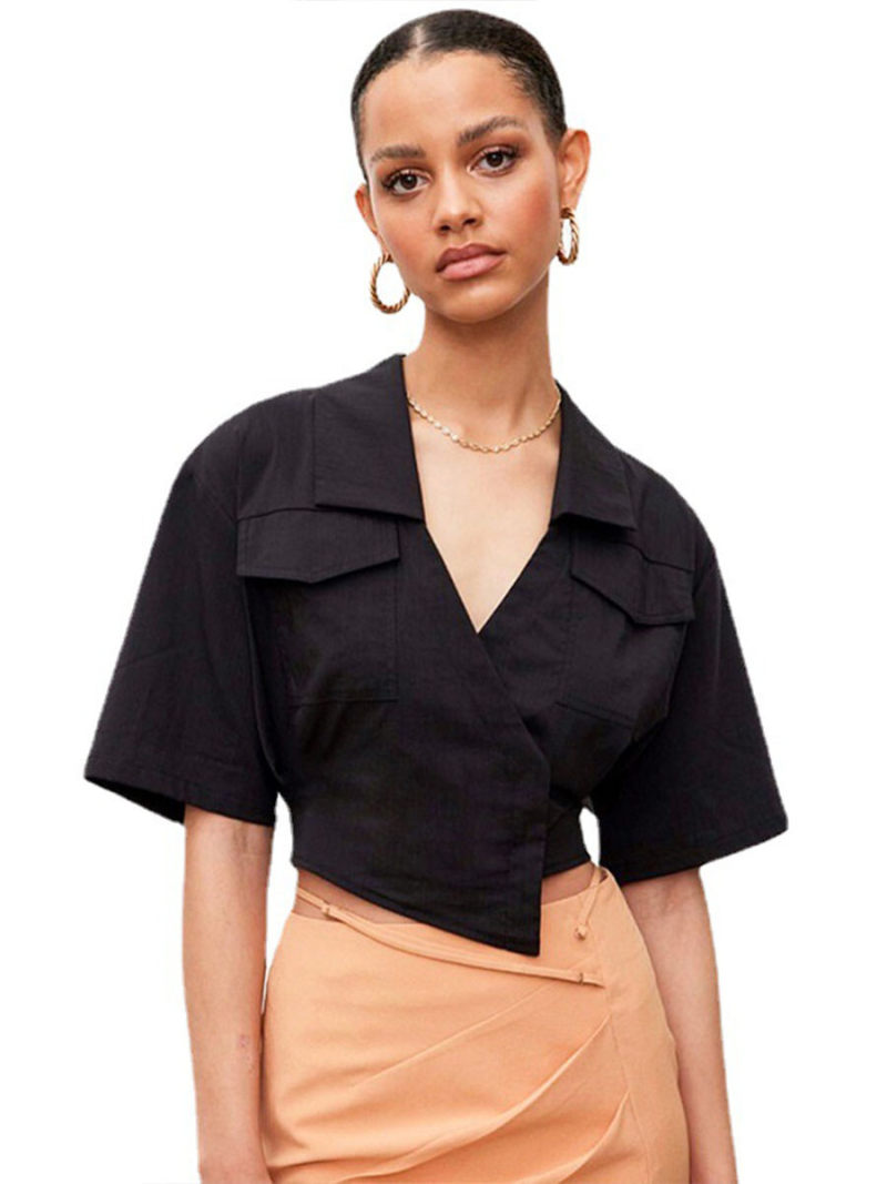 Collar Short Sleeves Crop Top