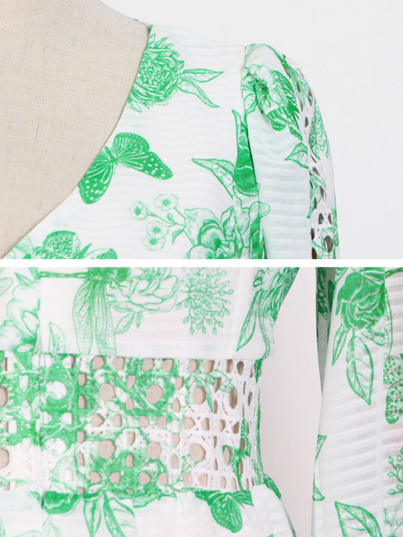 Ditsy Floral Shirred Waist A-line  Mini Dress With Lace Insert