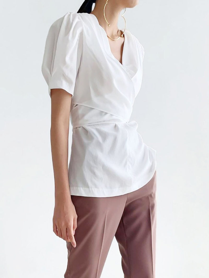 V-neck Short Sleeves Tie Details Blouse