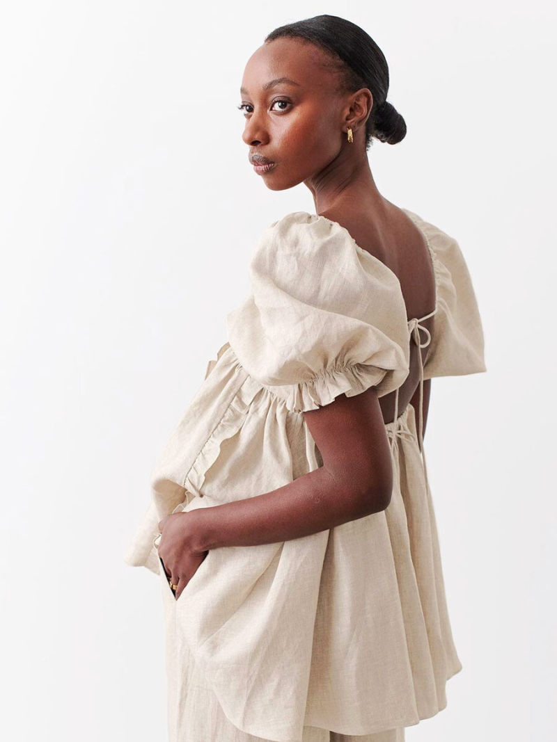 Square Neck Short Sleeves Backless  Blouse