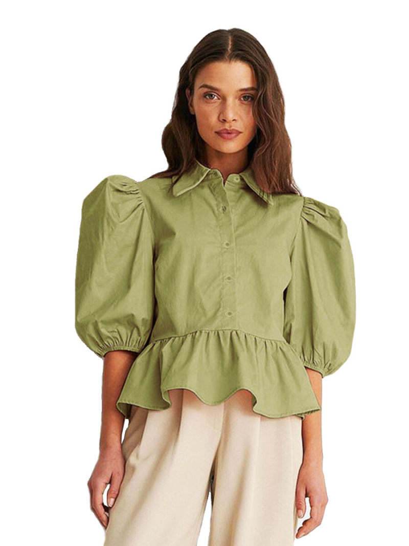 Collar Neck Lantern Short Sleeves Blouse