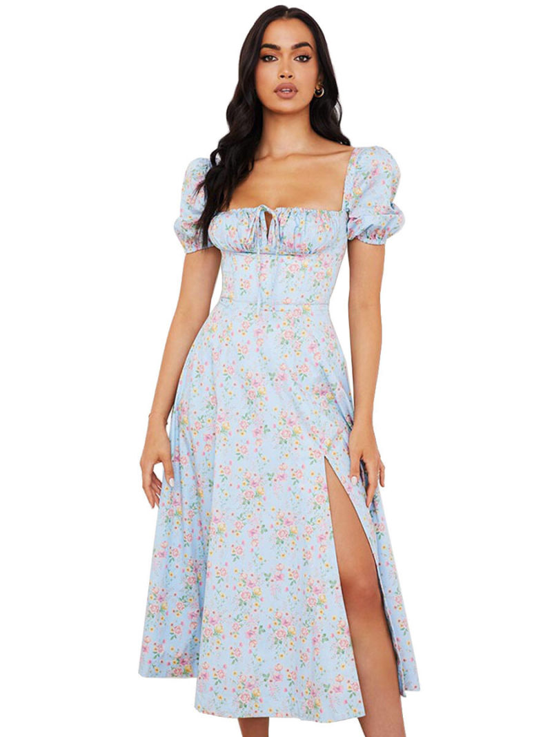 Allover Floral Knot Split Thigh A-line Dress