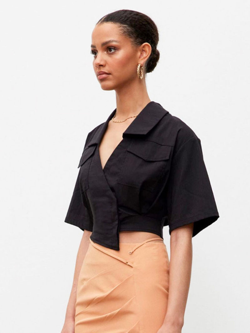 Collar Short Sleeves Crop Top