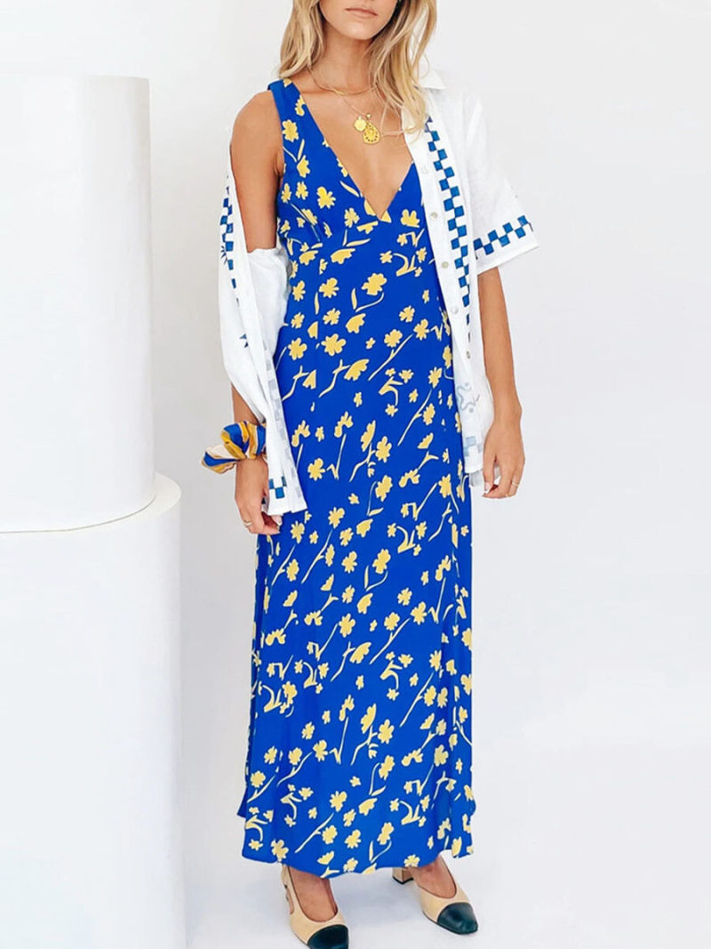 Allover Floral Print Draped Criss Cross Tie Backless Dress