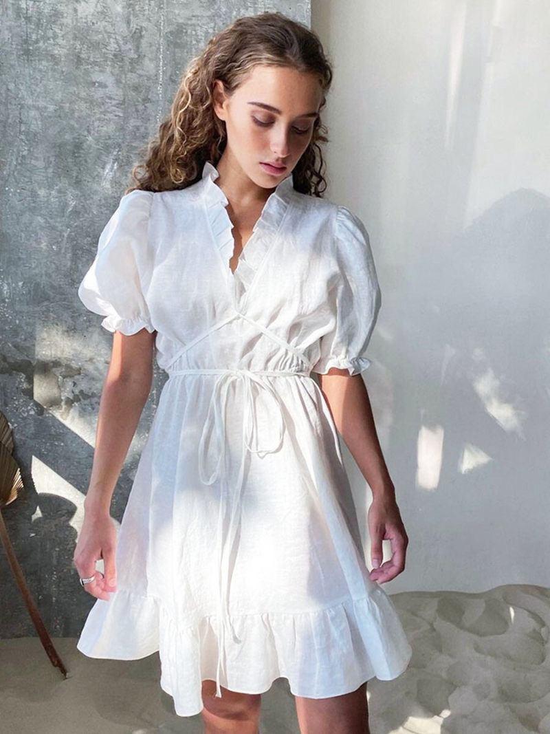 Solid  Mini Dress With Tie On Waist