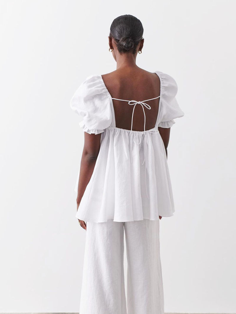 Square Neck Short Sleeves Backless  Blouse