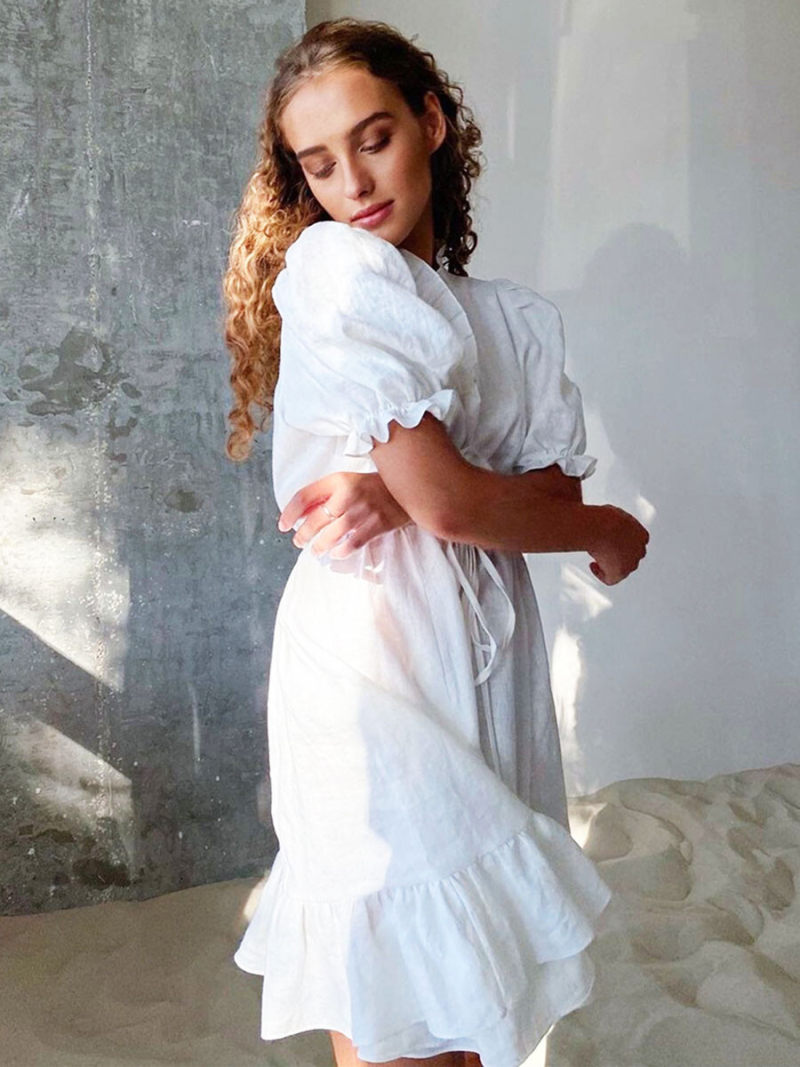 Solid  Mini Dress With Tie On Waist