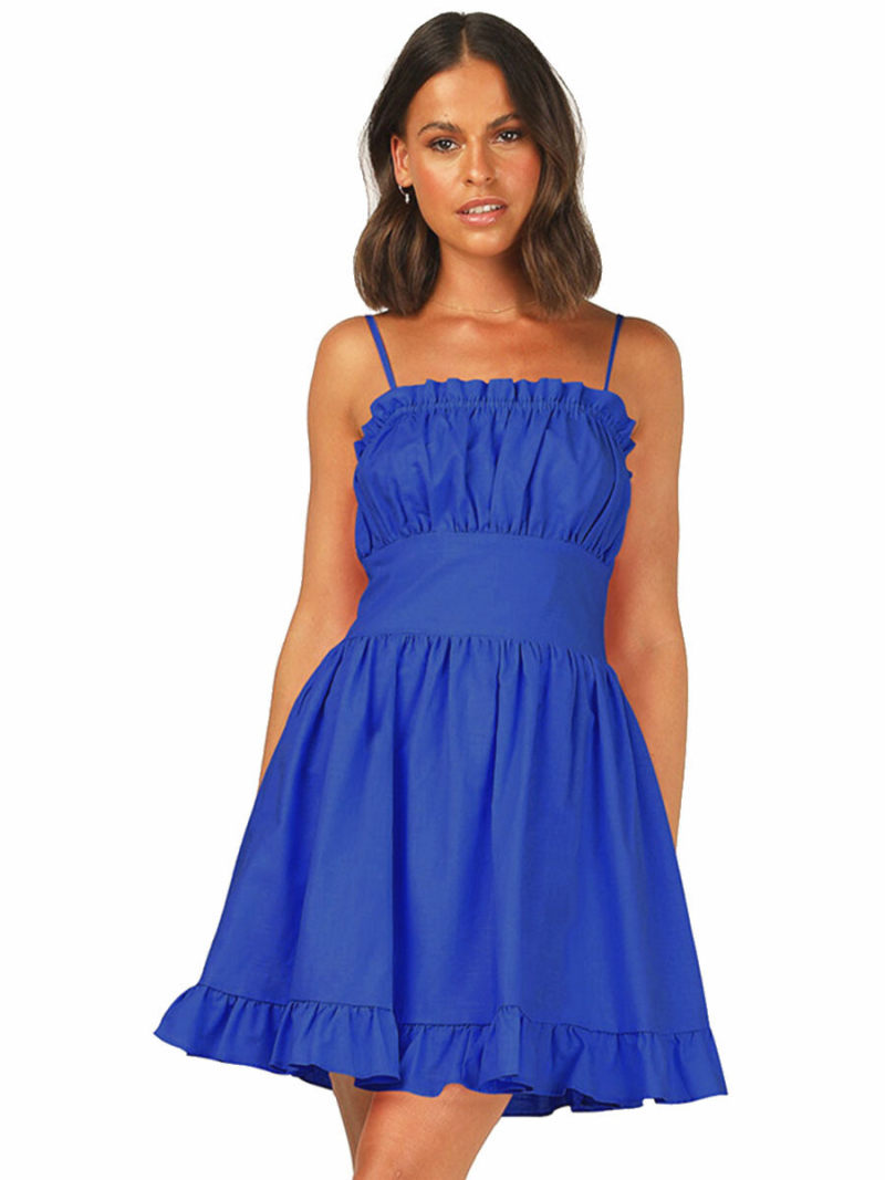 Swiss Dot Shirred Frill Trim Crisscross Backless Cami Dress