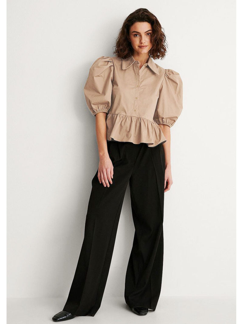 Collar Neck Lantern Short Sleeves Blouse