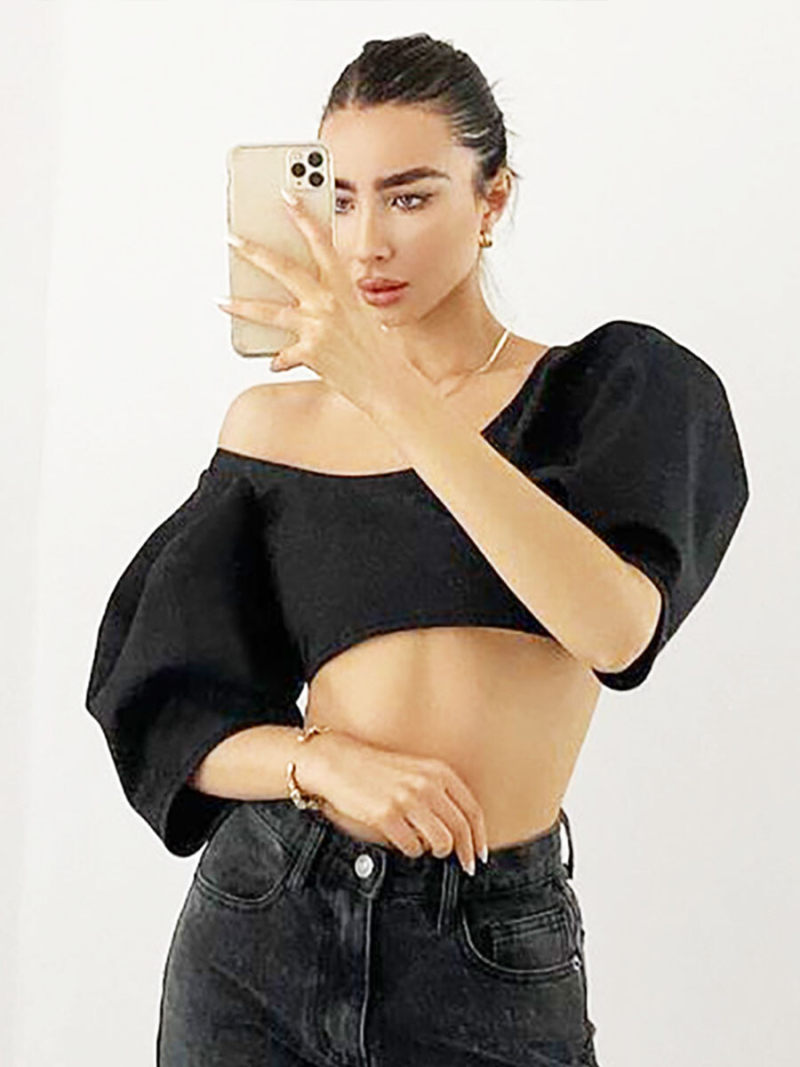 Off Shoulder Pleated Sleeves Crop Top