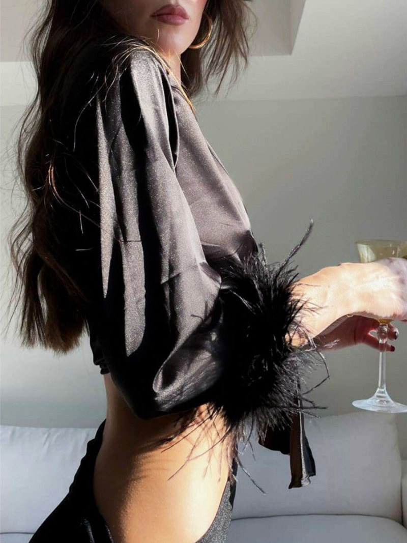 Deep V-neck Long Sleeves Blouse  With Fur On Cuff