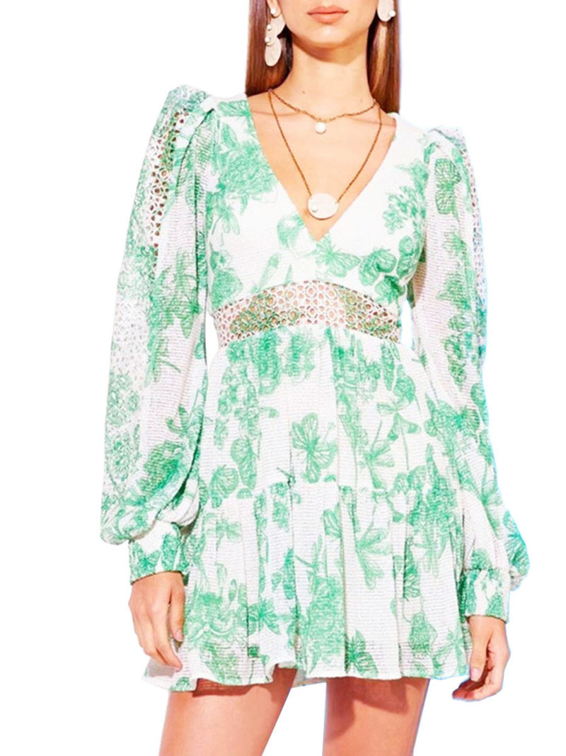 Ditsy Floral Shirred Waist A-line  Mini Dress With Lace Insert