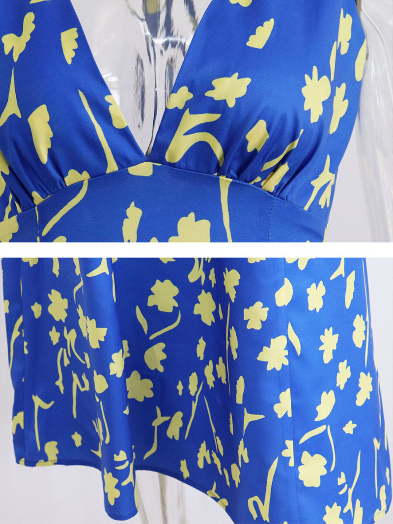 Allover Floral Print Draped Criss Cross Tie Backless Dress