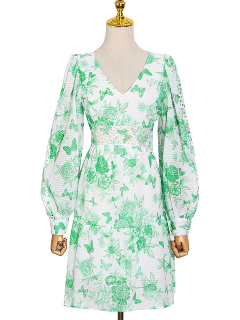 Ditsy Floral Shirred Waist A-line  Mini Dress With Lace Insert