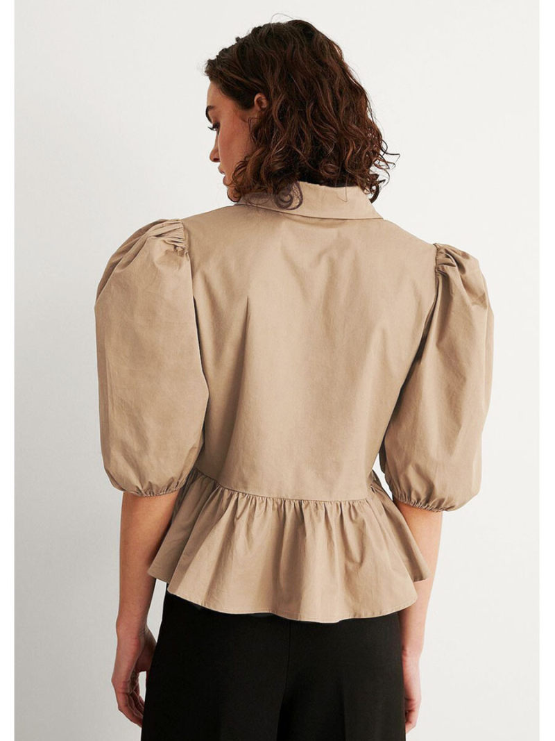 Collar Neck Lantern Short Sleeves Blouse