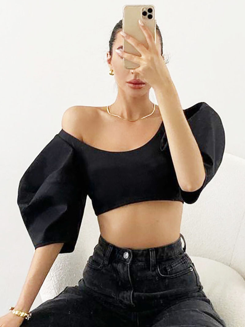 Off Shoulder Pleated Sleeves Crop Top