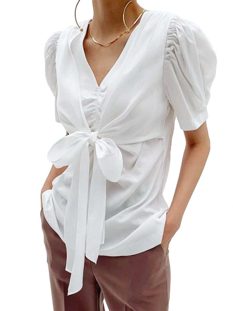 V-neck Short Sleeves Tie Details Blouse