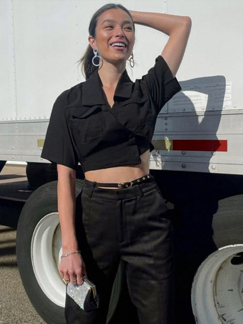 Collar Short Sleeves Crop Top