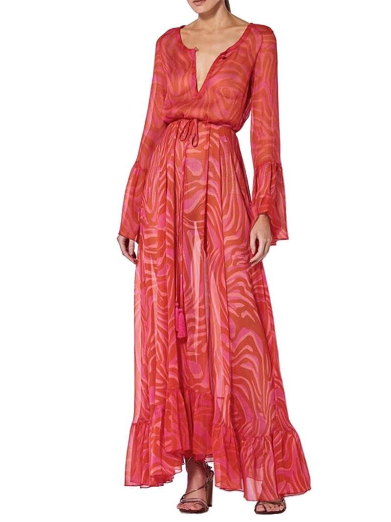 Long Sleeves Tie on Waist Maxi Dress