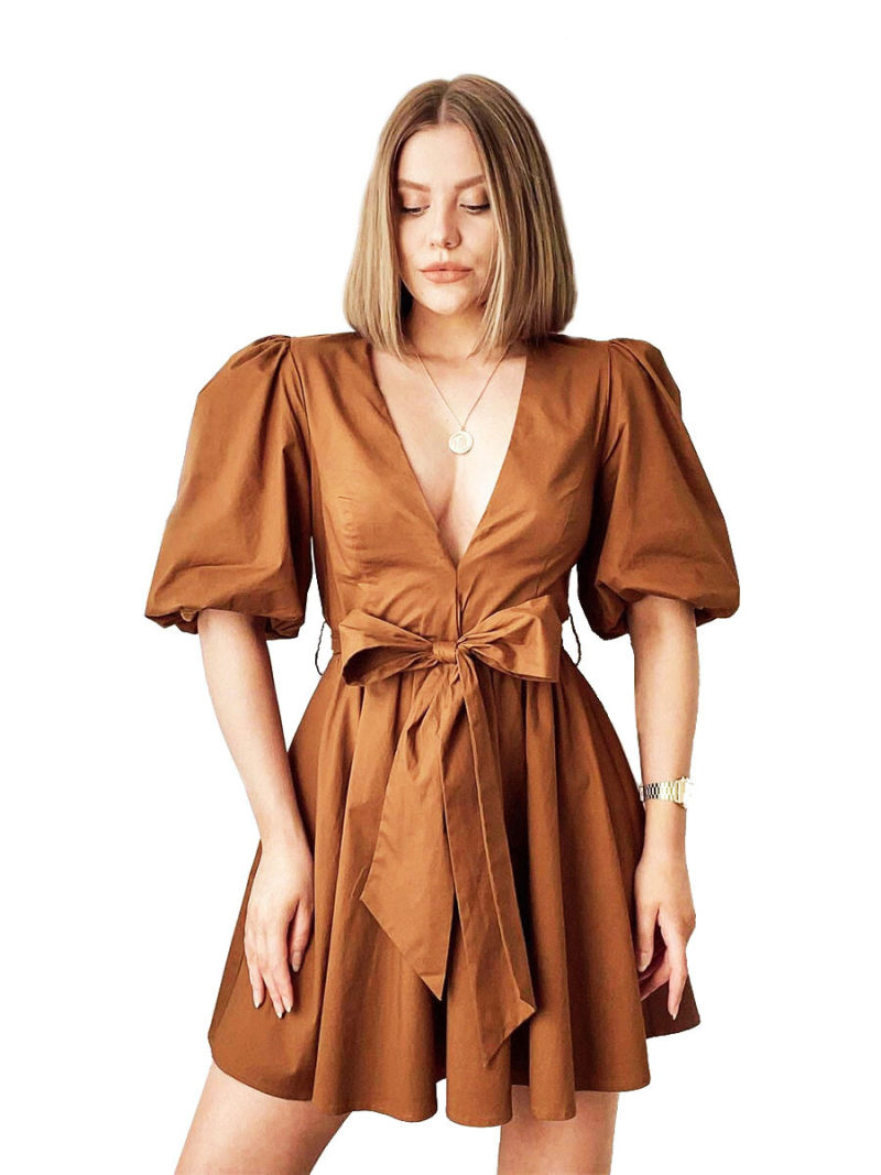 V-Neck  Mini Smoke  Dress  With Bow On Waist