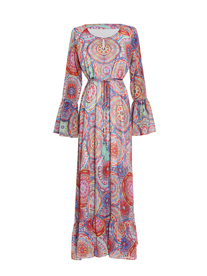 Long Sleeves Tie on Waist Maxi Dress