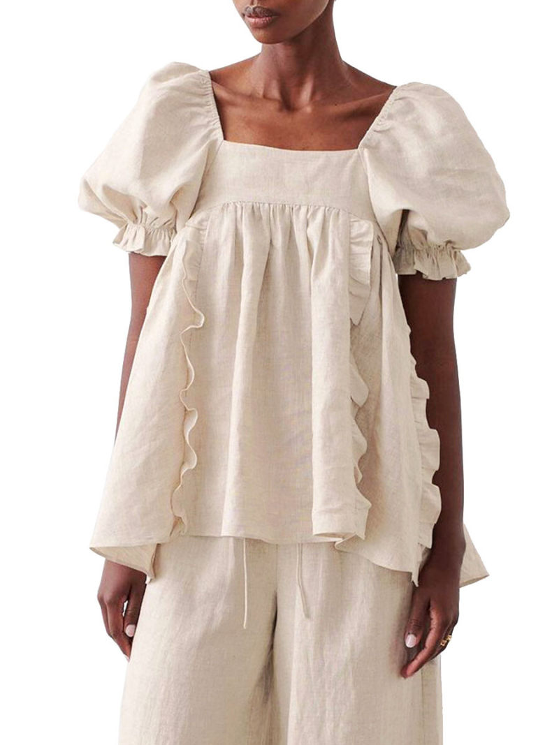 Square Neck Short Sleeves Backless  Blouse