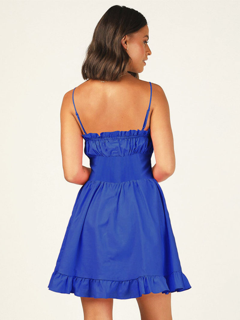 Swiss Dot Shirred Frill Trim Crisscross Backless Cami Dress