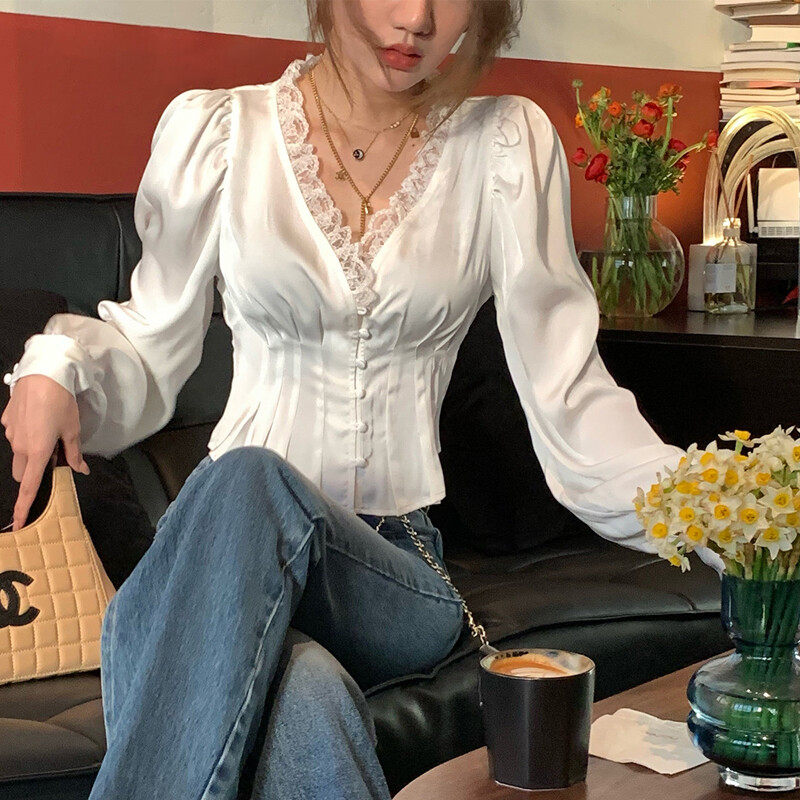 Silod V-neck Long Sleeves Lace Details  Blouse