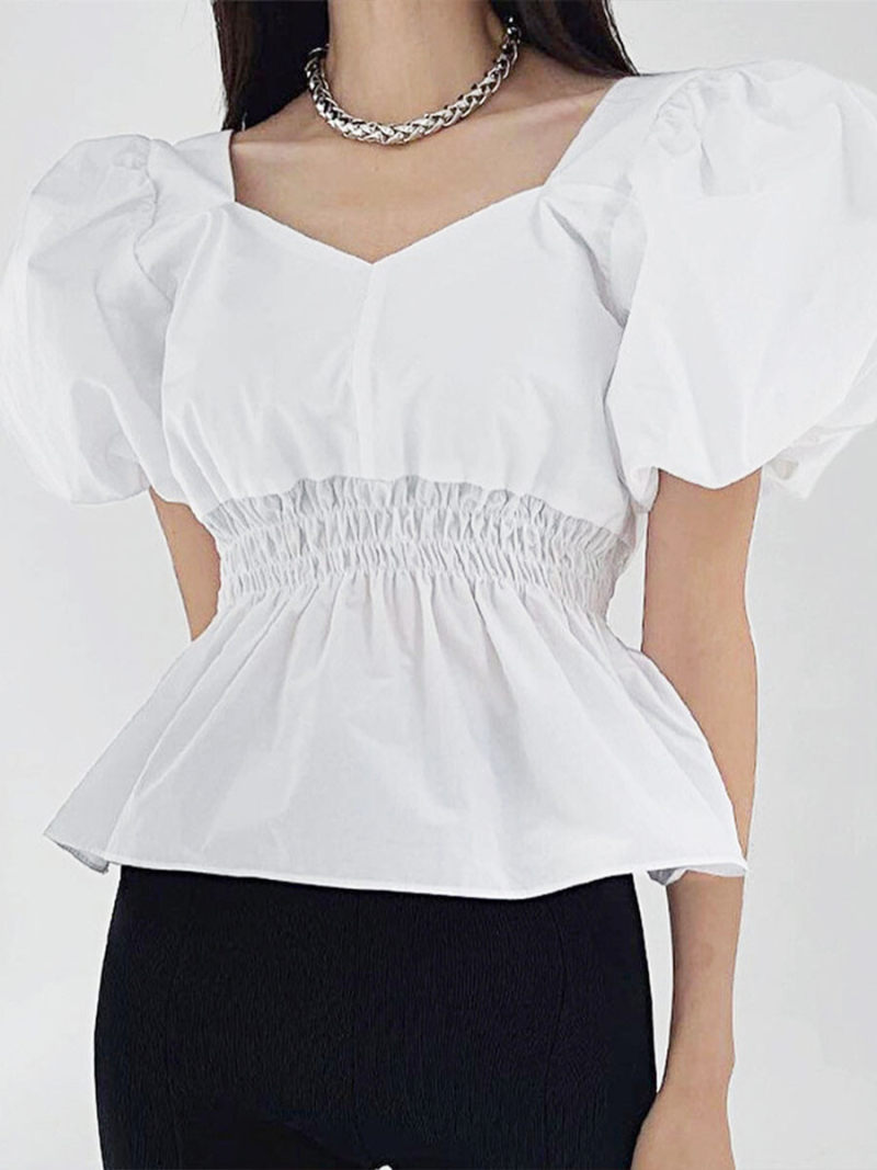 Square Neck Short Sleeves Blouse With Ruched On Waist