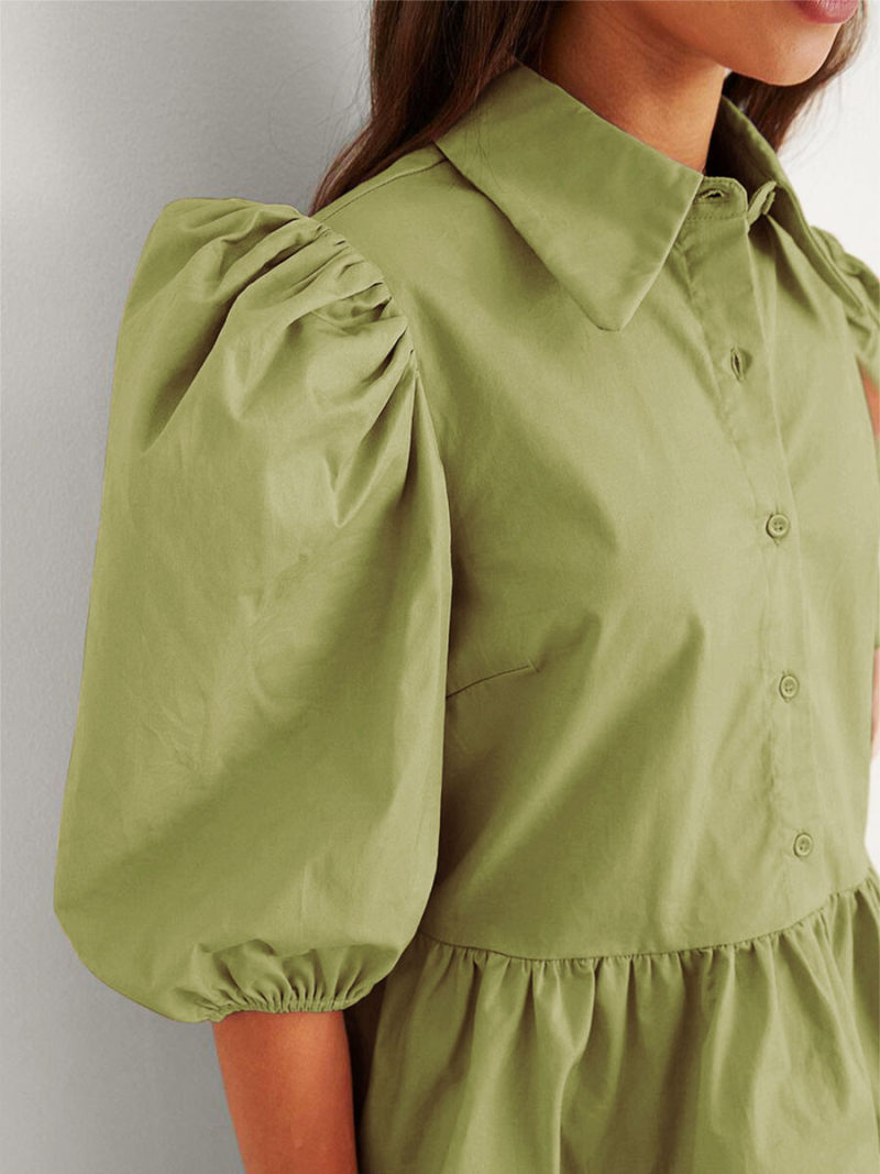 Collar Neck Lantern Short Sleeves Blouse