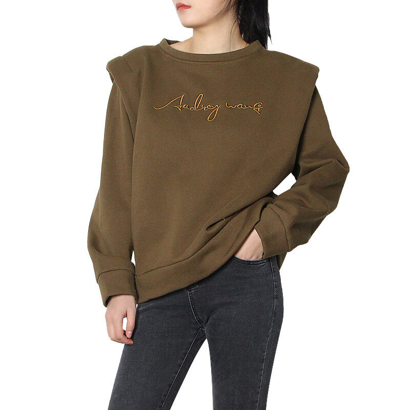 Solid  Long Sleeves   Pad Shoulder   Relaxed Sweat Shirt