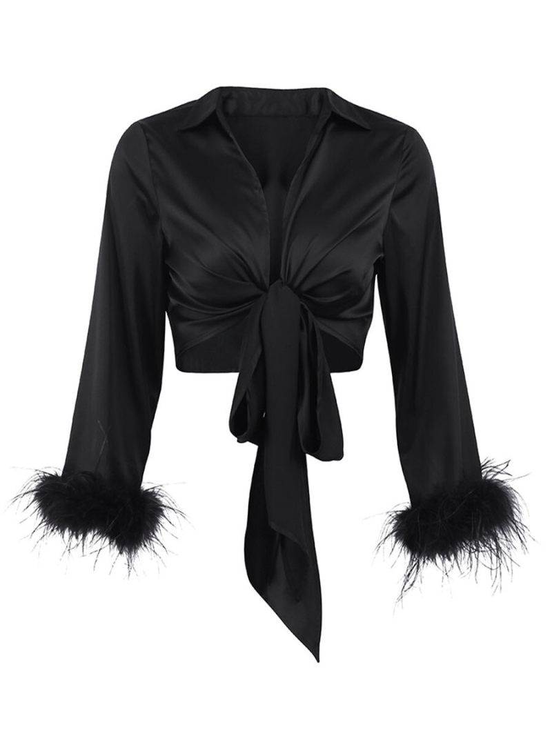 Deep V-neck Long Sleeves Blouse  With Fur On Cuff