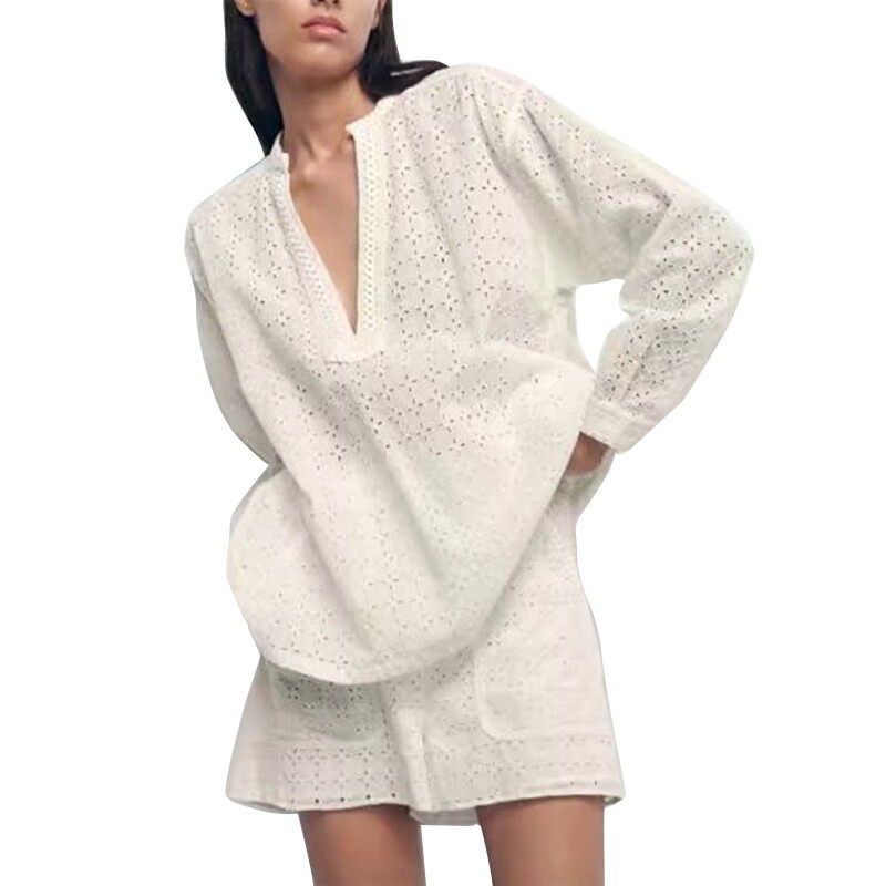 Deep V Neck Blouse In Embroider Fabric