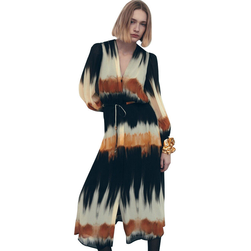 Tie-Dyed Deep V Neck Maxi Dress